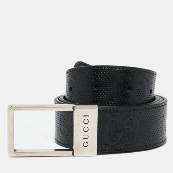 Gucci Black GG Embossed Leather Rectangular Buckle Belt 722370 95/38 NEW - Picture 1 of 8